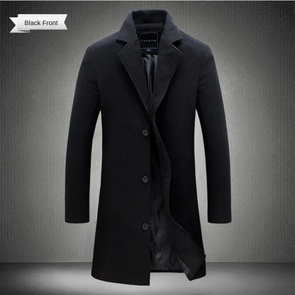 2024 Spring Autumn New Long Cotton Coat New Wool Blend Pure Color Casual Business Fashion Men's Clothing Slim Windbreaker Jacket