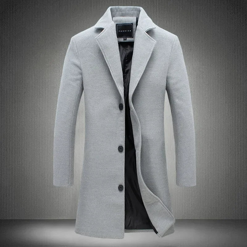 2024 Spring Autumn New Long Cotton Coat New Wool Blend Pure Color Casual Business Fashion Men's Clothing Slim Windbreaker Jacket