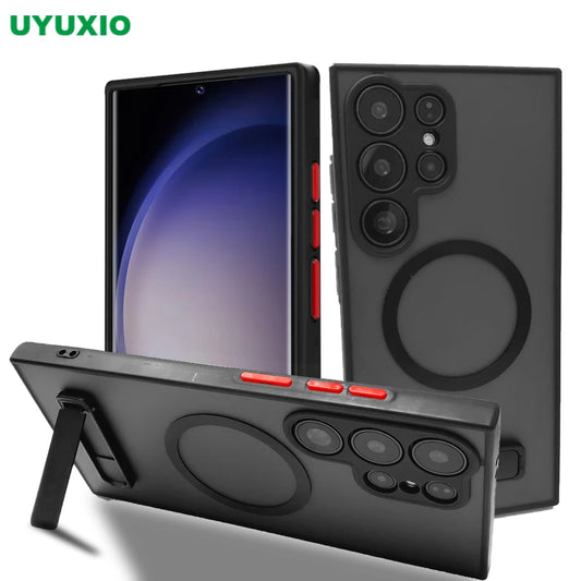 UYUXIO Translucent Magnetic Mobile Phone Case with Kickstand for Samsung Galaxy S25 Ultra S24 S23 FE S22 Plus Slim Stand Cover