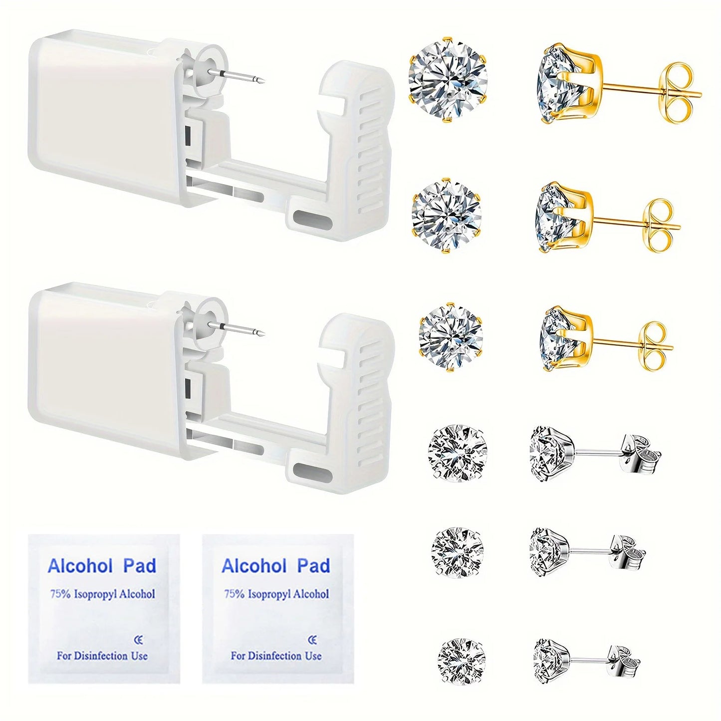 1/2 Pack Safety Self Ear Piercing Gun Kit Tool With 1/6 Pairs 2-7mm Stainless Steel Cubic Zirconia Stud Earrings For Men Women