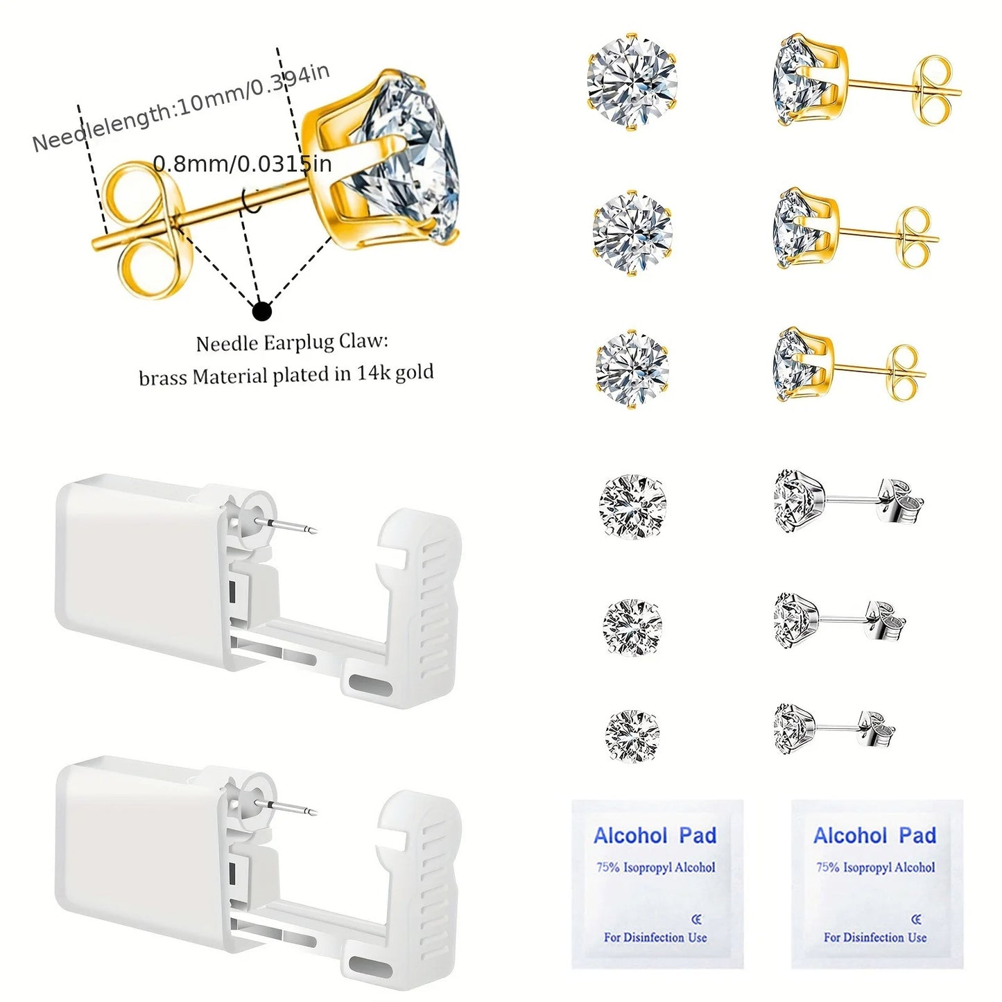 1/2 Pack Safety Self Ear Piercing Gun Kit Tool With 1/6 Pairs 2-7mm Stainless Steel Cubic Zirconia Stud Earrings For Men Women