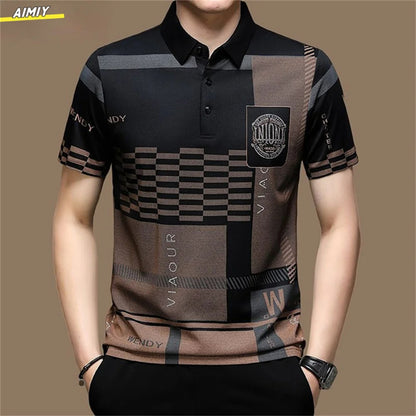 Men's Polo Shirt Business Casual Summer Short Sleeves Tops Pattern Print Button T Shirt Loose Clothes Fashion Polo T Shirt