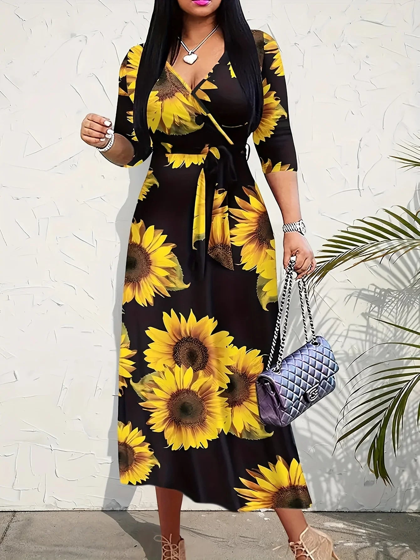 Women Sexy Bodycon Beach Bohemian Maxi Splicing Floral Print Dress for Women Casual Summer Sundress V-Neck 3/4 Sleeve