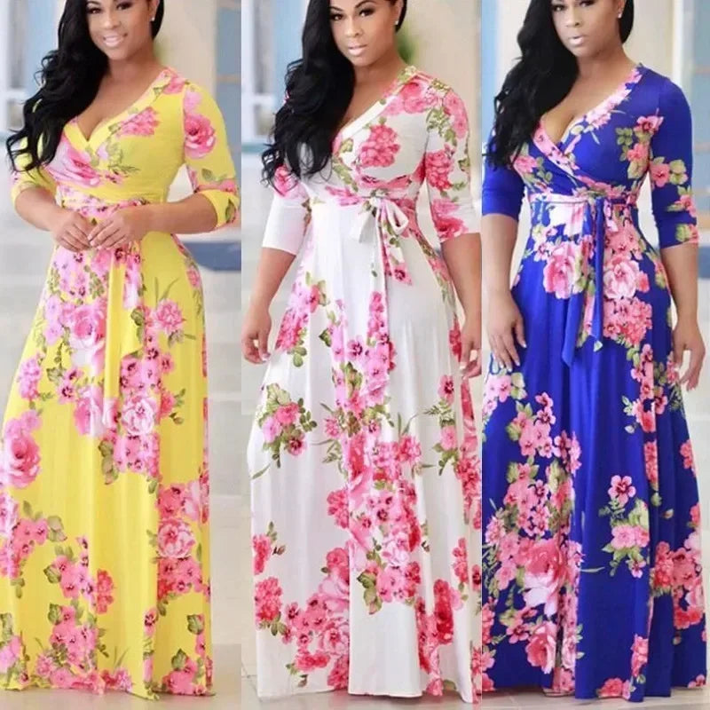 Dress Women Summer Style Hot Style Europe Ladies v-neck Posed Floral Print Long Dresses Casual