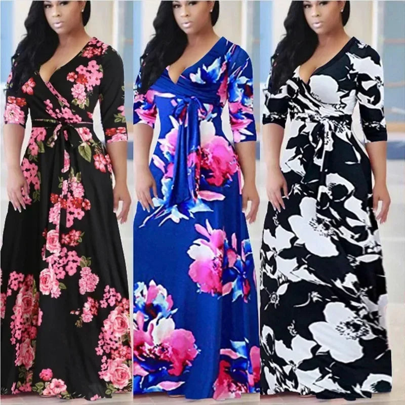 Dress Women Summer Style Hot Style Europe Ladies v-neck Posed Floral Print Long Dresses Casual