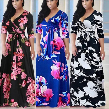 Dress Women Summer Style Hot Style Europe Ladies v-neck Posed Floral Print Long Dresses Casual