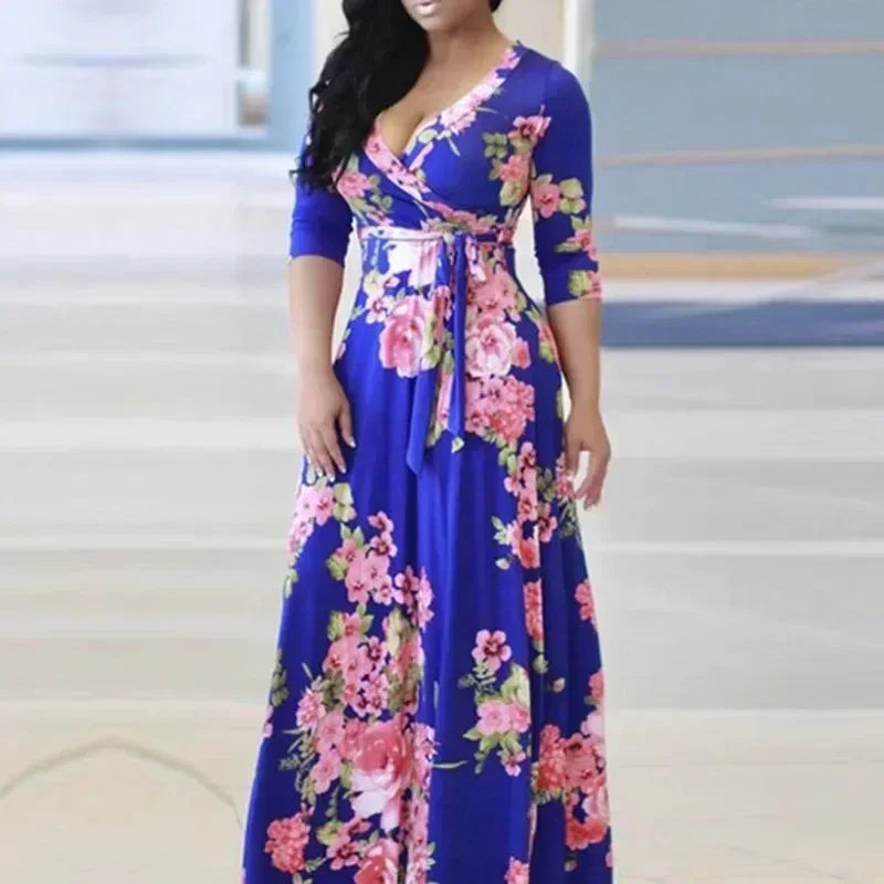 Dress Women Summer Style Hot Style Europe Ladies v-neck Posed Floral Print Long Dresses Casual