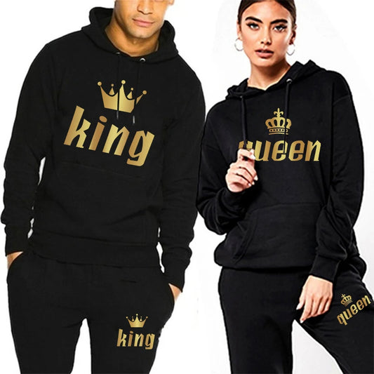 King and Queen Printed Hooded Suits for Couple, Hoodie and Pants, Valentine's Day Present, Fashion Suit, Autumn, Winter, 2 Pcs