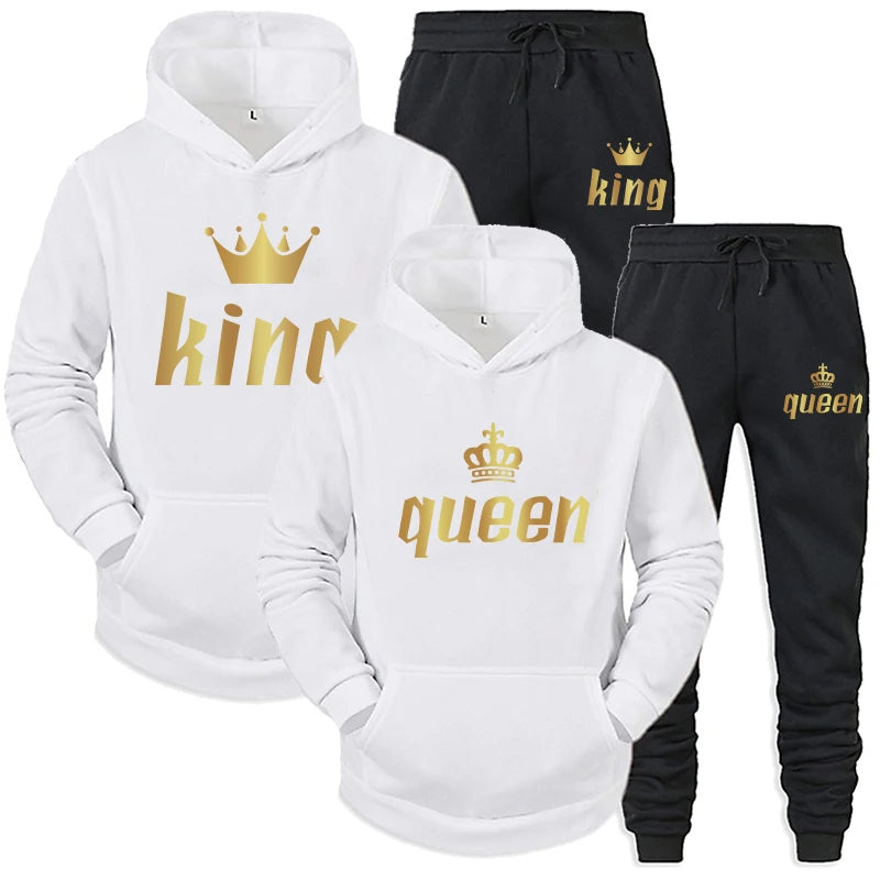 King and Queen Printed Hooded Suits for Couple, Hoodie and Pants, Valentine's Day Present, Fashion Suit, Autumn, Winter, 2 Pcs