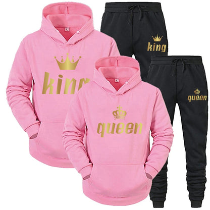 King and Queen Printed Hooded Suits for Couple, Hoodie and Pants, Valentine's Day Present, Fashion Suit, Autumn, Winter, 2 Pcs