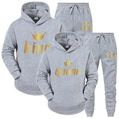 King and Queen Printed Hooded Suits for Couple, Hoodie and Pants, Valentine's Day Present, Fashion Suit, Autumn, Winter, 2 Pcs