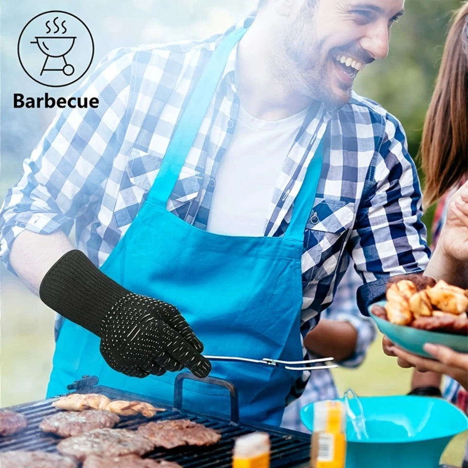 pair Fireproof Oven Gloves - Heat Resistant, Cut-Resistant, Non-Slip, Silicone BBQ Gloves for Men - Kitchen Safe Cooking Gloves