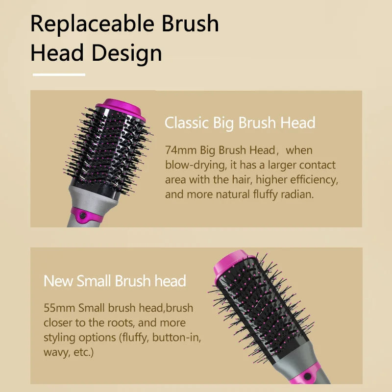 1200W Hair Dryer Hot Air Brush Styler Replaceable Head Straightener Curler Comb Roller One Step Electric Ion Blow Dryer Brush